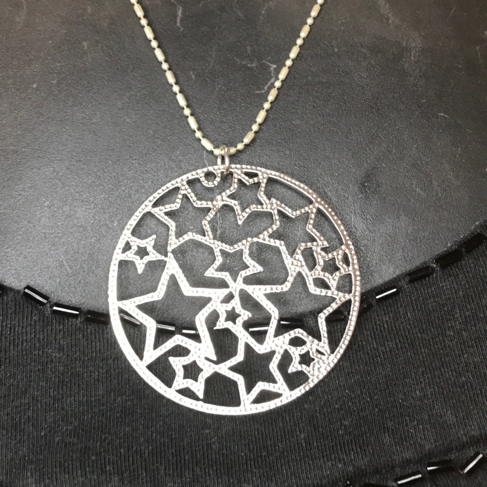 Star disco necklace circular shape silver 14 k gold plate white gold chain